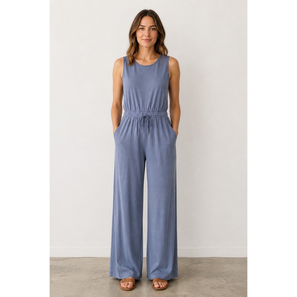 PrettyGarden Women Blue Sleeveless Wide Leg Jumpsuit Drawstring Waist Pockets M